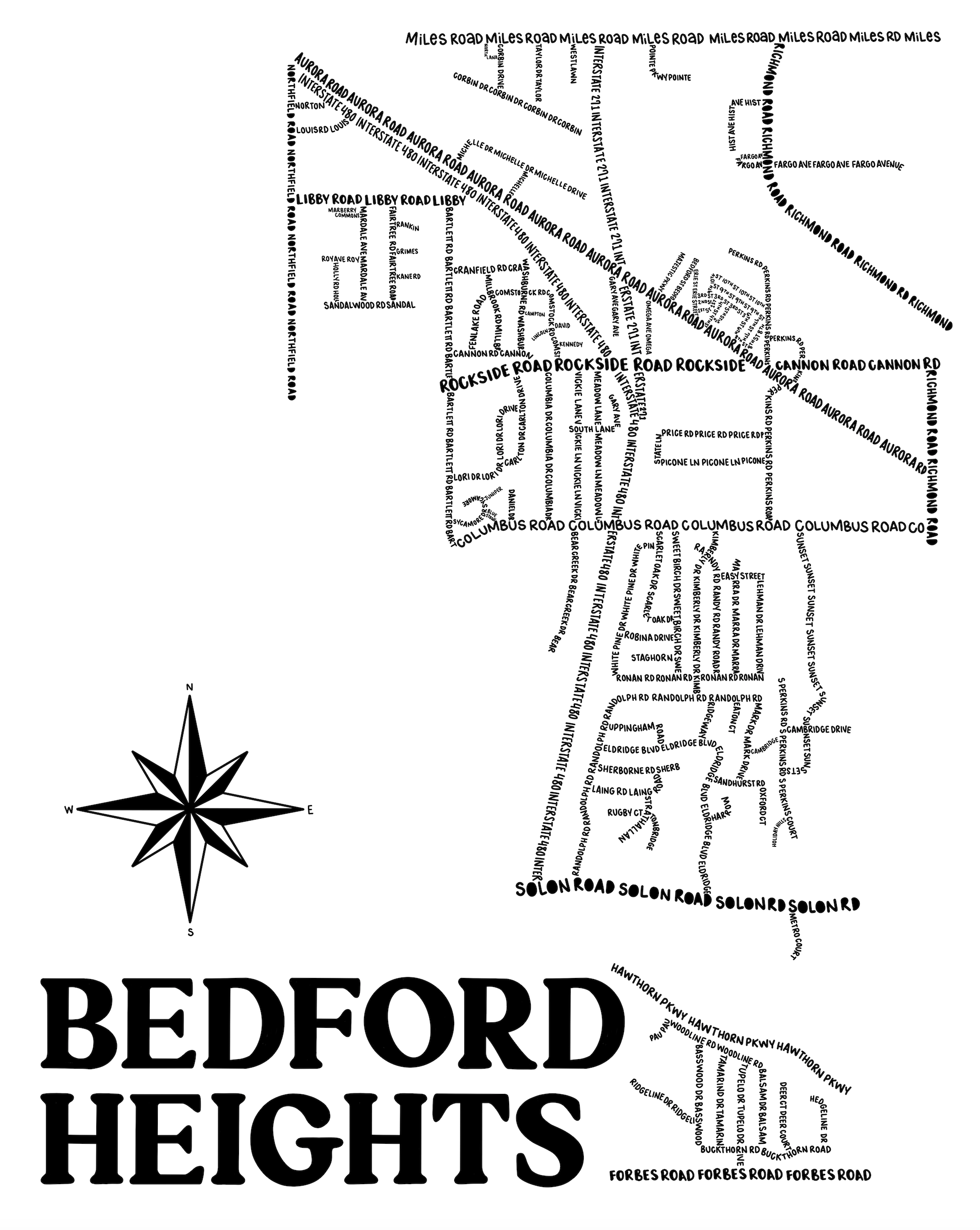 Bedford Heights Ohio Map Print Whereabouts Shop