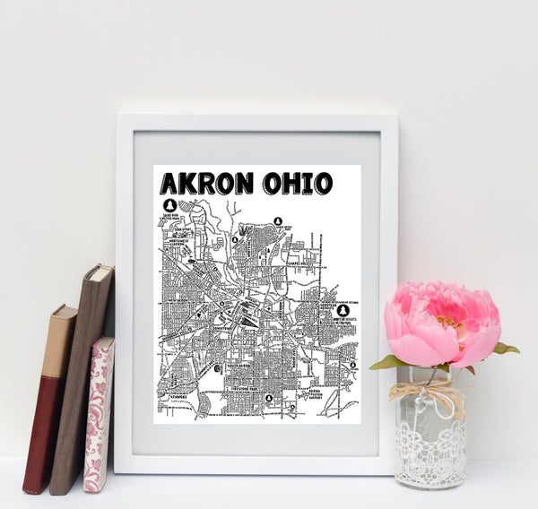 Akron Ohio Street Map Print
