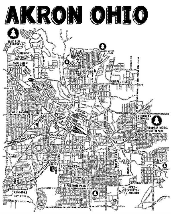 Akron Ohio Street Map Print